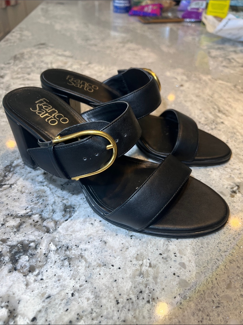 Franco Sarto Cruella Black Leather Block Heel Slide Sandals Size 7 EUC